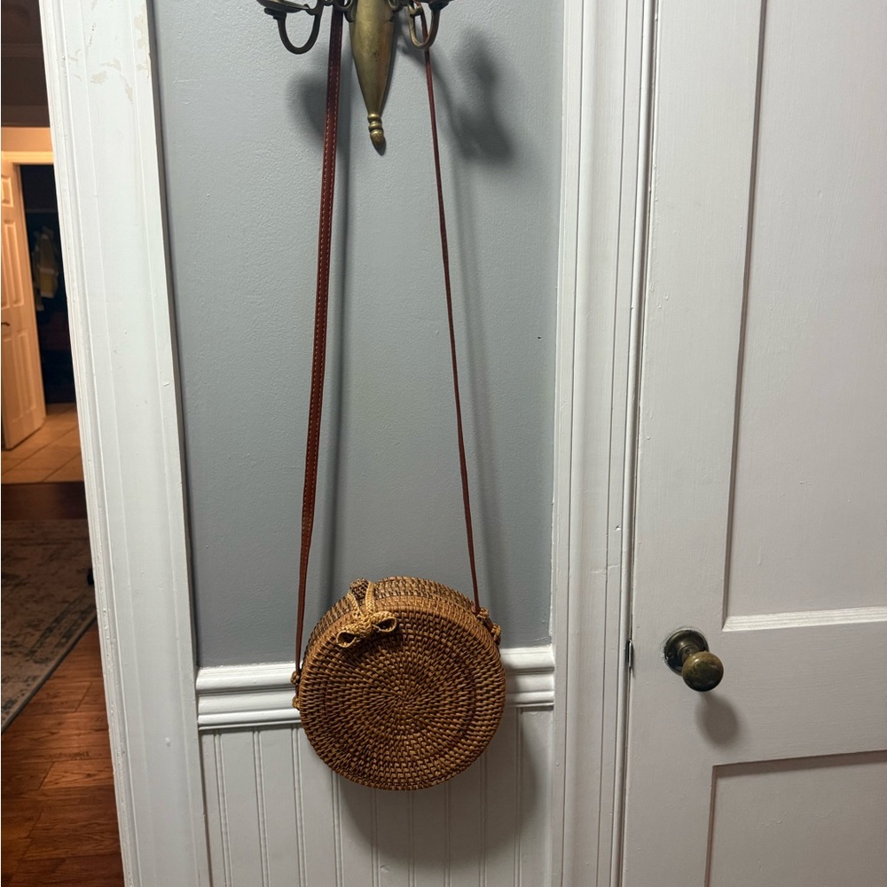 Round Woven Tan Crossbody Bag